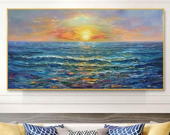Abstract Sunset at Sea Landscape Oil Painting On Canvas, Large Wall Art, Original Sunrise Blue Ocean Art, Custom Painting, Living Room Decor