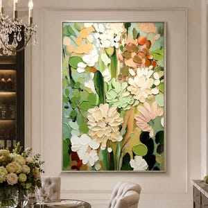 Vertical Floral Painting, Textured White Flower Bouquet, Impasto Wall Art, Original Sage Green Artwork, Modern Living Room Decor On Canvas