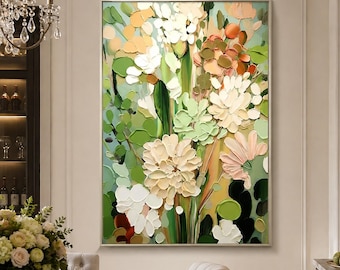 May include: A large vertical oil painting featuring a dense arrangement of flowers in shades of cream, pale pink, and various greens. The artwork utilizes thick, textured impasto brushstrokes to create depth and dimension across the floral composition.