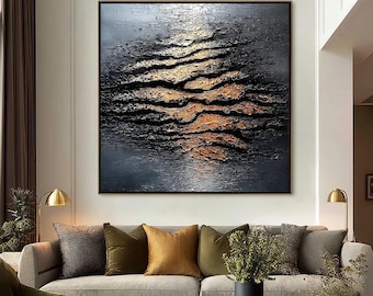 Getextureerd abstract zwartgouden schilderij, originele Impasto-muurkunst