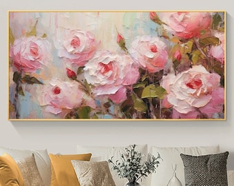 Può includere: Un dipinto di rose rosa con foglie e steli verdi su uno sfondo chiaro. Le rose sono dipinte in uno stile realistico con pennellate visibili.