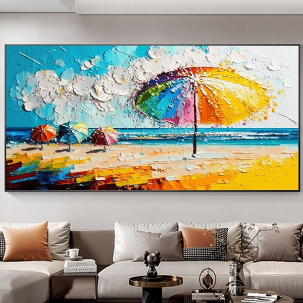 Original Beach Oil Painting On Canvas,Large Wall Art,Abstract Colorful Parasol Painting,Boho Wall Décor,Custom Painting,Bedroom Wall Décor