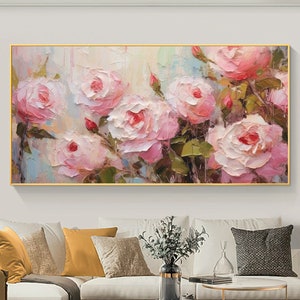 Large Original Rose Flower Oil Painting On Canvas, Abstract Pink Floral Painting, Boho Wall Décor, Custom Painting, Living room Wall Decor