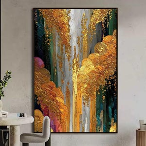 Large Gold Leaf Abstract Painting, Textured Impasto Waterfall Wall Art, Modern Forest Landscape, Luxury Original Decor For Living Room