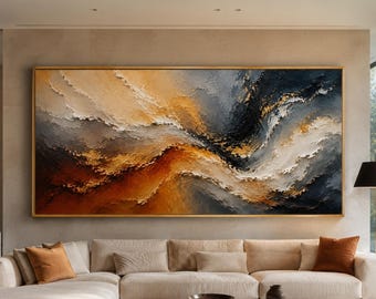 Burnt Orange Black Impasto Painting, Beige Textured Abstract Wall Art