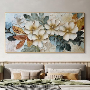 Große Wandkunst, weiße Blume Ölgemälde auf Leinwand, abstrakte Blumen Malerei, Boho Wanddekor, Geschenk für Sie, Wohnzimmer Wanddekoration