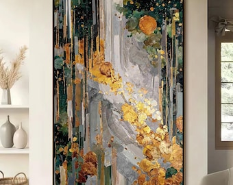 Large Green Gold Abstract Waterfall Painting, Textured Forest Canvas Art