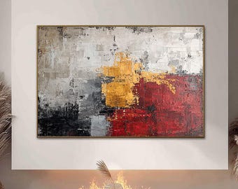 Large Red and Gold Abstract Painting, Textured Black and White Wall Art, Original Modern Impasto Art on Canvas, Living Room Wall Decor