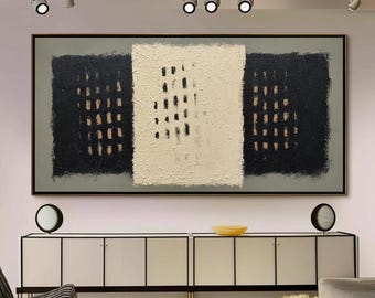 Gran cuadro abstracto horizontal, obra de arte texturizada en blanco y negro neutro.