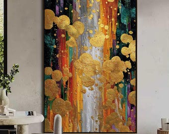 Large Gold Leaf Painting, Original Textured Abstract Wall Art, Luxury Green Forest Canvas, Modern Impasto For Living Room Decor