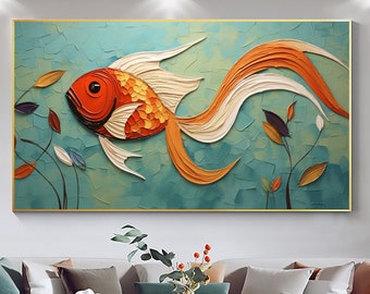 Abstract Swimming Fish Oil Painting on Canvas,Large Wall Art, Original Minimalist Art Blue Decor Custom Painting Boho Wall Decor Living Room