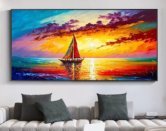 Original Sailboat Oil Painting on Canvas, Sunset Seascape Art