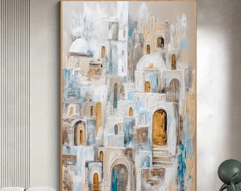 Large Abstract Cityscape Painting, Textured Mediterranean Wall Art, White Blue And Gold Canvas, Impasto Village For Coastal Living Room