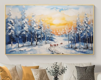 Dipinto ad olio originale con paesaggio innevato e foresta su tela, grande arte da parete, arte astratta da parete con albero strutturato, decorazione invernale, decorazione moderna per soggiorno