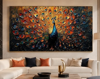 Majestueuze pauw, groot wanddecoratie, abstracte vogel op canvas met textuur en impasto in goud, decoratie voor de woonkamer.