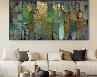 Large Abstract Painting, Original Green Gold Textured Wall Art, Horizontal Impasto Artwork On Canvas, Modern Minimalist Living Room Decor