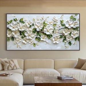 Original Flower Oil Painting, Abstract Trendy Impasto, 3D Textured Nature Canvas Wall Decor, Modern White Framed Wall Art, Living Room Decor