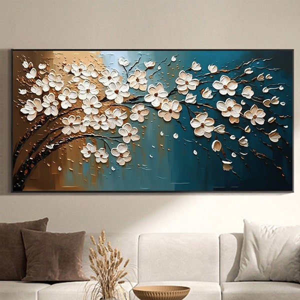 Original weiße Kirschblüten-Ölgemälde auf Leinwand, große Wandkunst, abstraktes blaues Baumgemälde, Boho-Wanddekoration, individuelles Gemälde, Heimdekoration