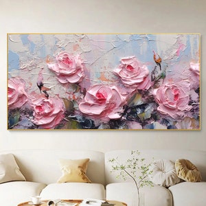 Large Original Rose Flower Oil Painting On Canvas, Abstract Pink Floral Wall Art, Boho Wall Décor, Custom Painting, Living room Wall Decor