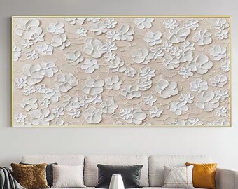 Abstract Flower Oil Painting On Canvas, Large Wall Art, Minimalist White Floral Art, Custom Painting Neutral Living Room Decor Gift for Her
