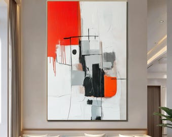 Abstract Modern Geometric Painting,Minimalist Wall Art,Black White and Red Canvas,Large Textured Art for Living Room,Contemporary Home Decor