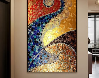 Klimt Inspired Abstract Painting, Large Gold Leaf Wall Art, Red And Blue Textured Canvas, For Modern Living Room Or Office Decor