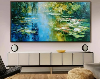 Cuadro grande con textura de nenúfares, arte impresionista para estanques, decoración de pared al estilo Monet.