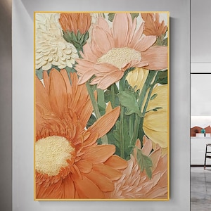 Abstract Flower Oil Painting on Canvas,Large Wall Art, Original Orange Floral Painting Minimalist Art Custom Painting Living Room Decor Gift
