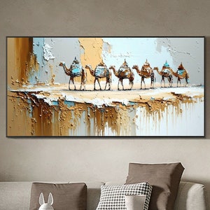 Large Original Brown Desert Oil Painting On Canvas, Canvas Wall Art, Abstract Camel Caravan Painting, Custom Painting Living room Wall Decor