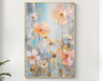 Pittura a olio astratta originale di fiori su tela, grande arte da parete, pittura floreale personalizzata dorata, decorazioni per la casa moderne del soggiorno, regalo personalizzato