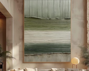 Strukturiertes Grün Ombre Gemälde, Salbei Olive Wabi Sabi Landschaft, erdige Wohnzimmer Leinwand