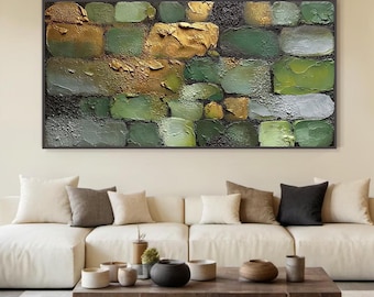 Large Abstract Painting, Textured Green Gold Wall Art, Original Modern Oil Canvas,Palette Knife Impasto Artwork,Minimalist Living Room Decor