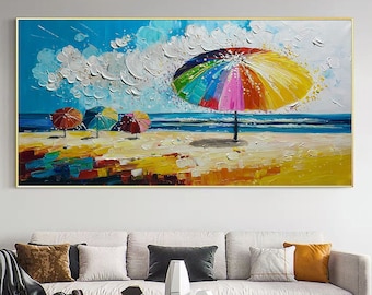 Original Beach Oil Painting On Canvas,Large Wall Art,Abstract Colorful Parasol Painting,Boho Wall Décor,Custom Painting,Bedroom Wall Décor