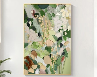 Abstract Green Flower Oil Painting on Canvas, Original Floral Minimalist Art, Large Wall Art, Custom Painting, Boho Wall Decor Living Room