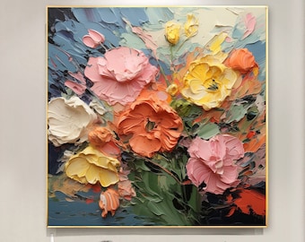 Textured Floral Oil Painting on Canvas, Abstract Minimalist Art