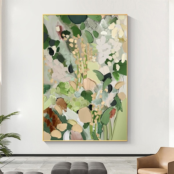 Abstract Green Flower Oil Painting on Canvas, Original Floral Minimalist Art, Large Wall Art, Custom Painting, Boho Wall Decor Living Room
