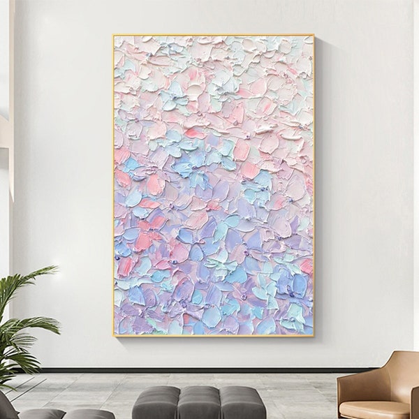 Original Blue Texture Oil Painting on Canvas, Large Wall Art, Abstract Minimalist Art, Pink Custom Painting, Modern Living Room Decor Gift