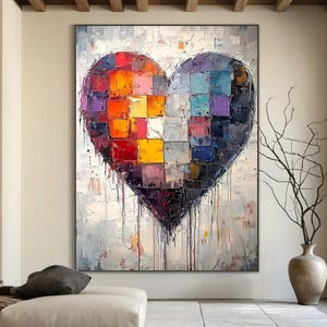 Pintura a óleo abstrata em tela com textura de coração colorido, arte de parede Wabi-Sabi, presente moderno e ousado para o Dia dos Namorados, decoração luxuosa para casa de alto padrão