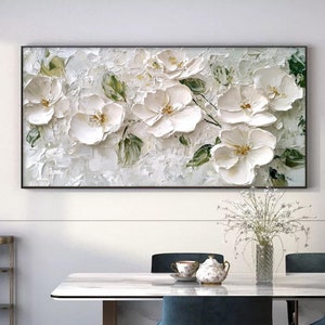 Original White Flower Oil Painting On Canvas,Abstract Texture Floral Art, Large Custom Painting,Boho Wall Decor,Minimalist Living Room Decor