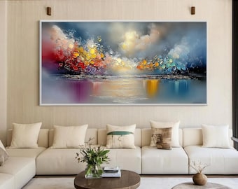 Grande peinture abstraite colorée, oeuvre d'art murale texturée paysage marin, toile moderne bleu et orange empâtement, oeuvre d'art originale pour décoration de salon