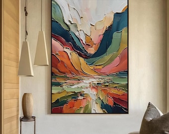 Textured Abstract Landscape Painting, Colorful Mountains, Original Impasto Artwork, Modern Decor