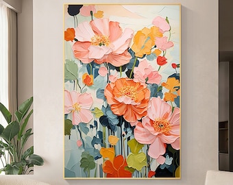 Abstract Flower Oil Painting on Canvas, Large Wall Art, Original Minimalist Pink Floral Art Custom Painting Boho Wall Decor Living Room