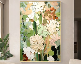 Abstract Flower Oil Painting on Canvas, Large Wall Art, Original Minimalist Green Floral Art Custom Painting Boho Wall Decor Living Room
