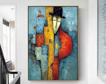 Pintura figurativa abstracta, arte mural de paisaje urbano cubista moderno, obra de arte de hombre con textura colorida, decoración grande azul y roja para la sala de estar.