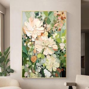 Abstract Flower Oil Painting on Canvas, Large Wall Art, Original Minimalist Green Floral Art Custom Painting Boho Wall Decor Living Room