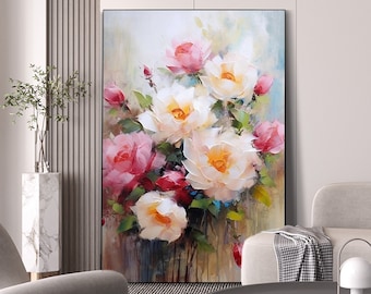 Abstract Original Rose Flower Oil Painting on Canvas,Extra Large Wall Art, White Floral Art Painting,Custom Painting,Living Room Decor Gift