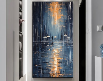 Abstract Rainy Night Landscape Oil Painting on Canvas, Large Wall Art, Original Blue Painting, Custom Painting, Living Room Home Decor Gift