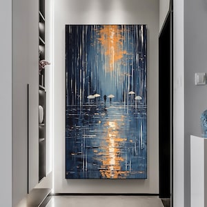 Dipinto ad olio su tela di paesaggio notturno piovoso astratto, grande arte murale, dipinto blu originale, dipinto personalizzato, regalo per la decorazione della casa del soggiorno