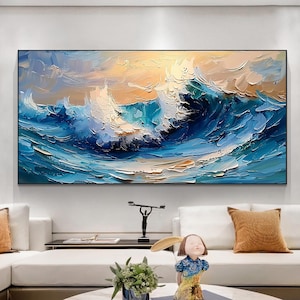 Original Ocean Sunset Oil Painting on Canvas,Vibrant Abstract Blue Ocean Wave Wall Art, High-end Home Decor, Modern Luxury Living Room Decor