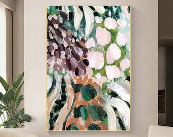 Fiore astratto dipinto ad olio su tela, grande pittura personalizzata su misura per decorazioni verdi, decorazione per soggiorno con texture minimalista originale